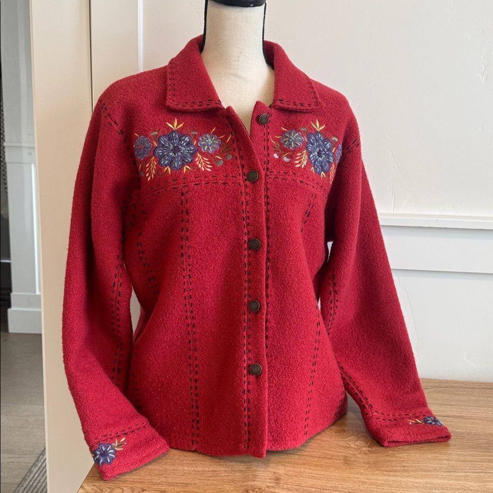 Icelandic Design VINTAGE Gorgeous 100% Wool Button Up Jacket Embroidered Size L